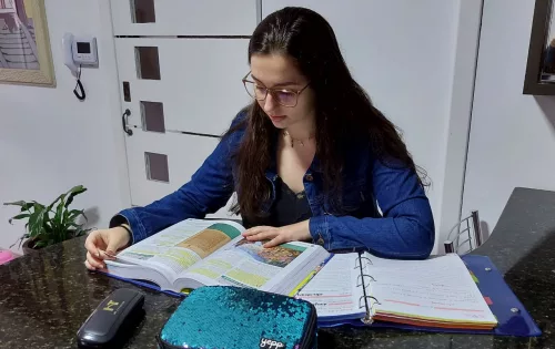 Aluna estudando na sala de casa com livros, cadernos e estojo