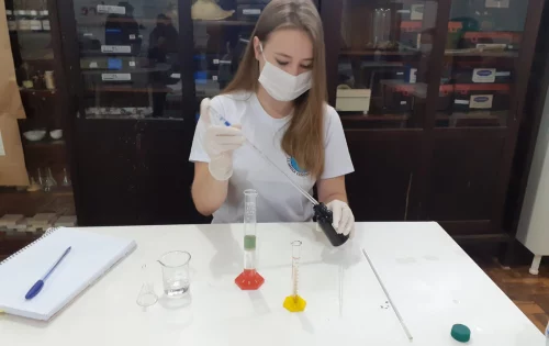 Estudante Keli Cristine Disner, identificando teor de álcool na gasolina em experimento químico desenvolvido em aula prática de química da EEB Cedrense, de Dionísio Cerqueira