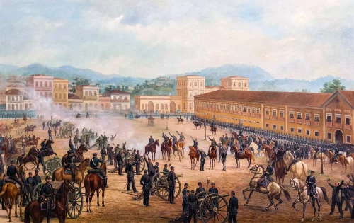 Pintura feita a óleo sobre a tela, do artista Benedito Calixto (1853-1927) retrata a Proclamação da República, na Praça da Aclamação, atual Praça da República, no Rio de Janeiro