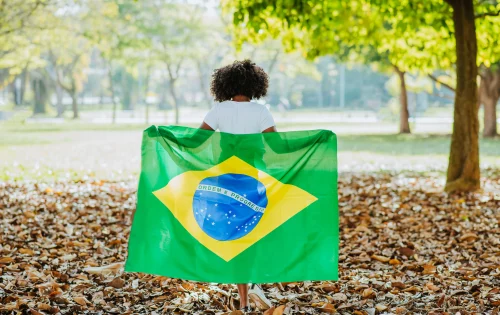 Mulher segurando bandeira do Brasil