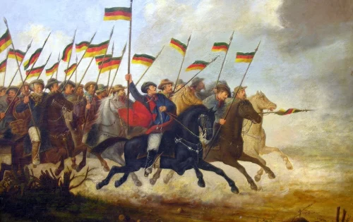 Pintura feita a óleo sobre tela, retratando a cavalaria Farroupilha na Guerra dos Farrapos