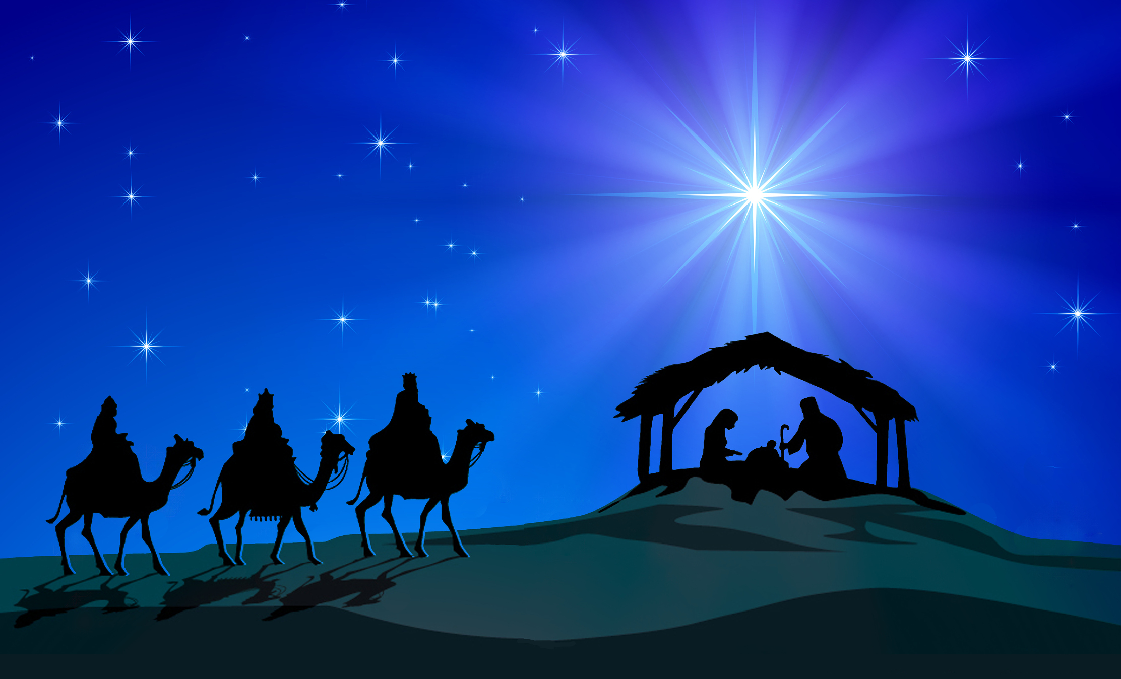 Imagem retratando os Três Reis Magos seguindo o brilho da Estrela de Natal para chegar até o local de nascimento de Jesus