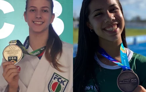 Atletas com as medalhas de primeiro e terceiro lugar